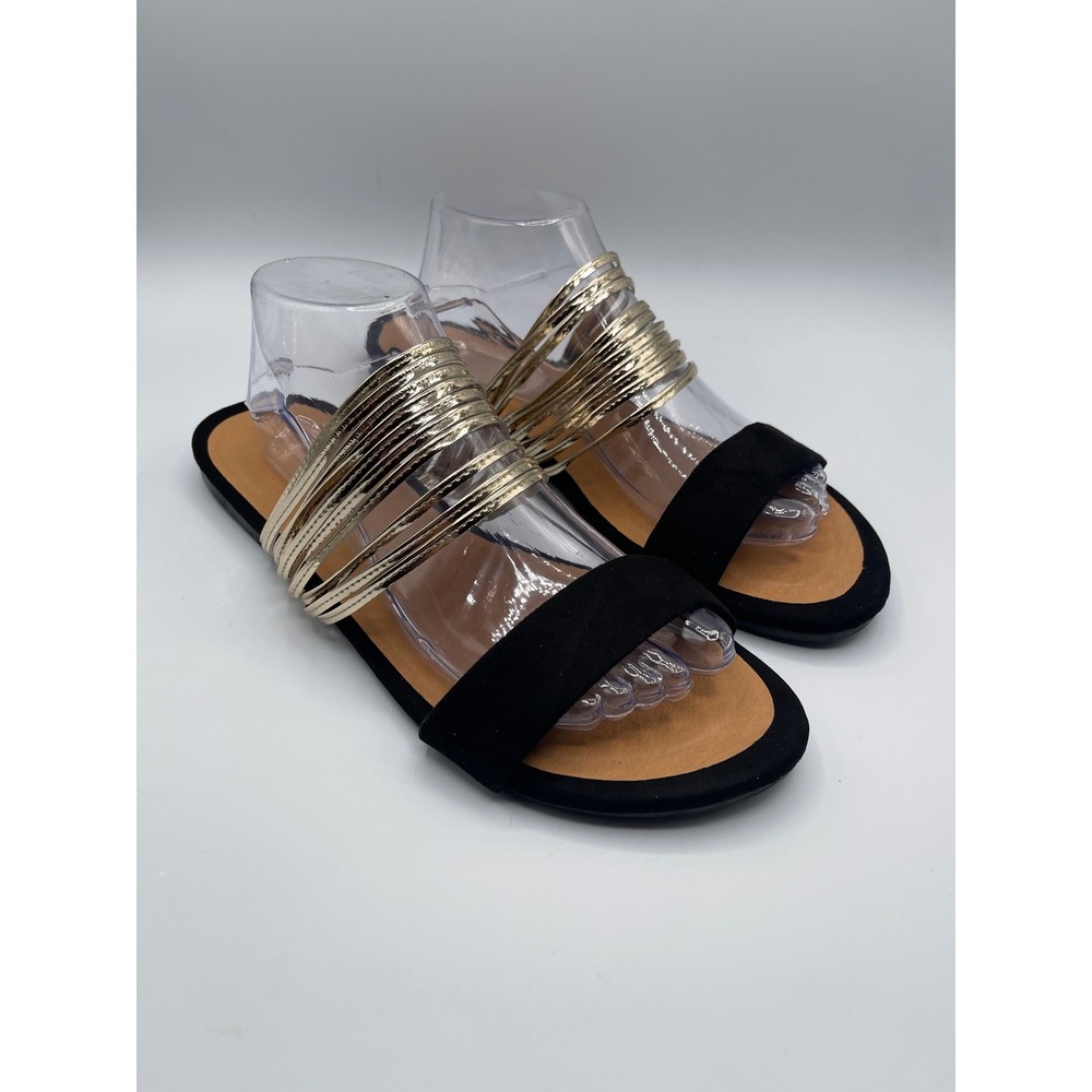 Rosy‎ Black Open Toe Sandal With Gold Straps Women's Size 43